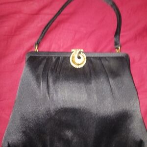 Chic Willowbrook Etcetera 60s Black Satin Clutch with Gold And Rhinestone Accent